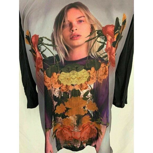 Zara WB Womens Black Purple Gray Floral Woman Print Long Sleeve Top Large - Picture 2 of 6